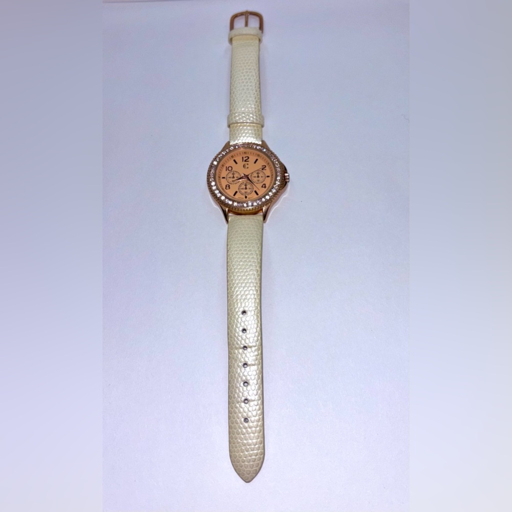 Pearled Ivory Leather Strap Watch with Rose Gold Dial and Crystal Bezel